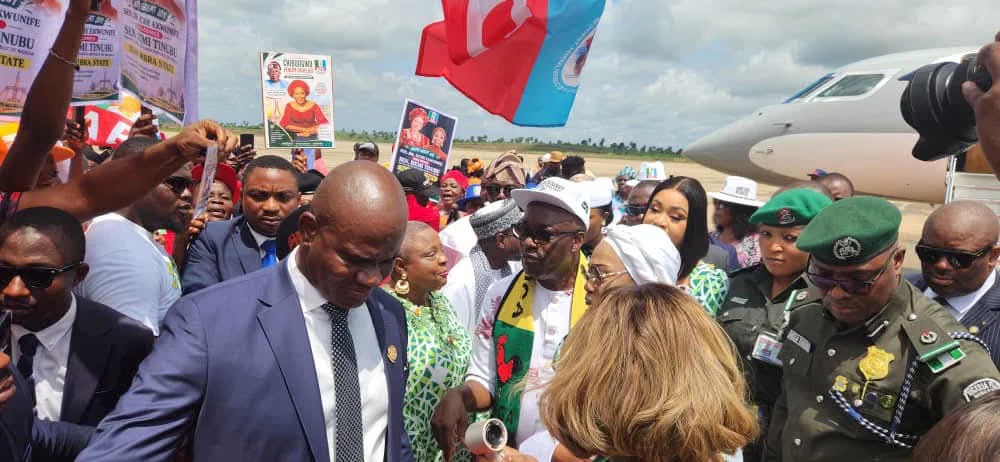 Soludo, Wife Receive Oluremi Tinubu at Anambra Airport